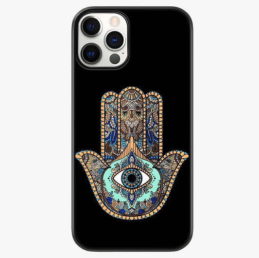 Mystic Hamsa Eye Glass Case showing full back design in clean flat view with glossy glass finish.