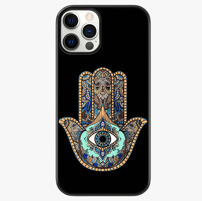 Mystic Hamsa Eye Glass Case showing full back design in clean flat view with glossy glass finish.