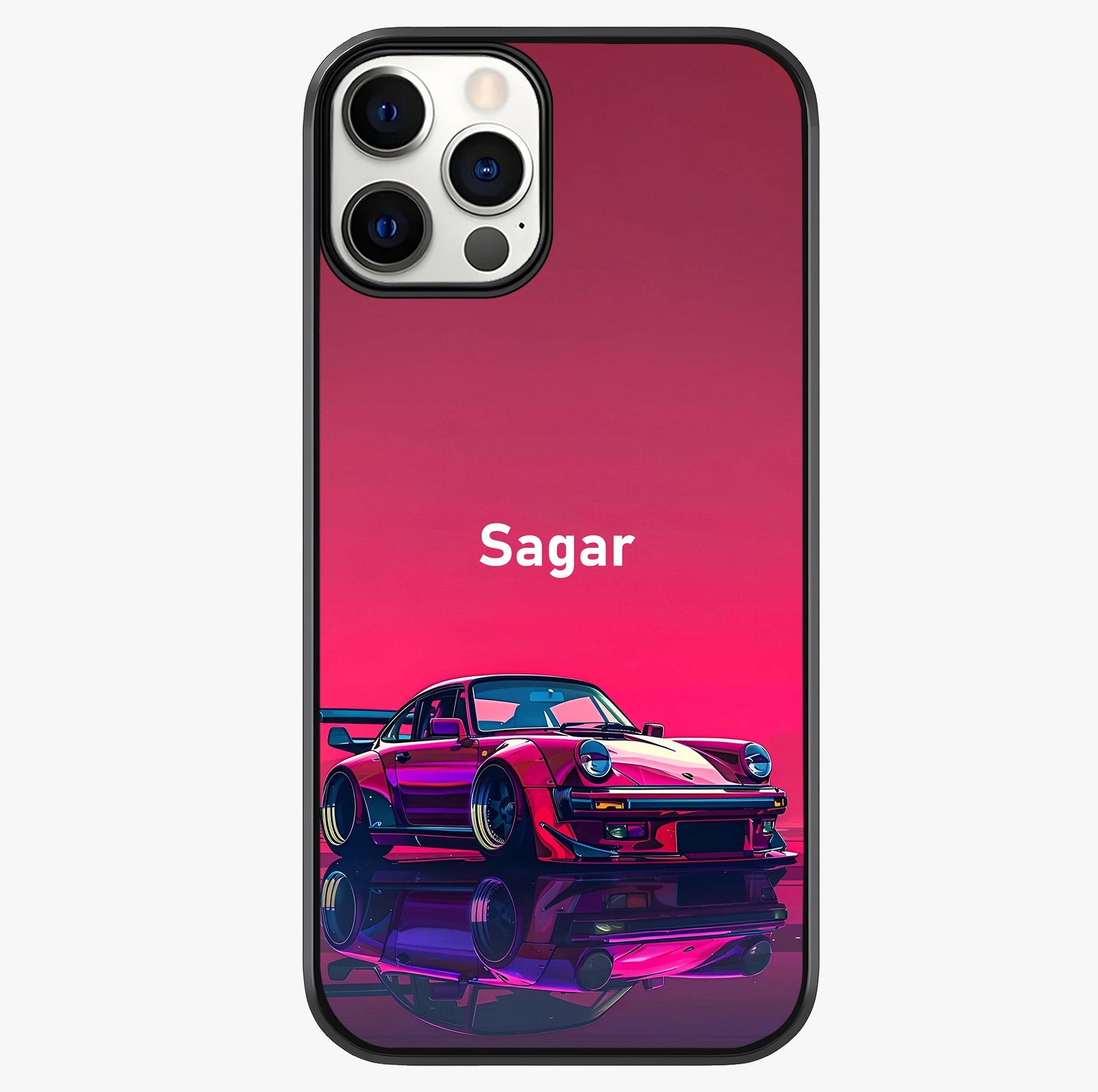 Neon Pink Porsche Glass Case showing full back design in clean flat view with glossy glass finish.