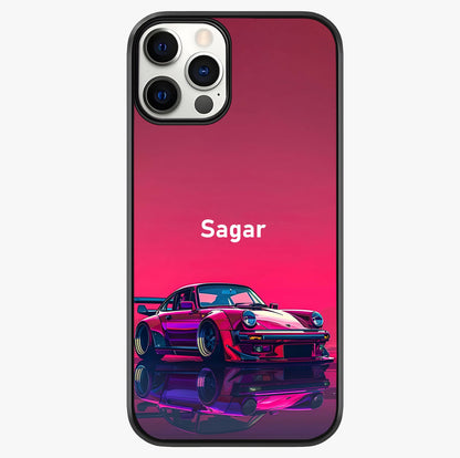 Neon Pink Porsche Glass Case showing full back design in clean flat view with glossy glass finish.