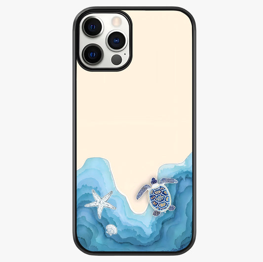 Ocean Drift Turtle Glass Case showing full back design in clean flat view with glossy glass finish.