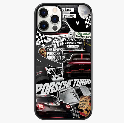 Porsche Racing Collage Glass Case showing full back design in clean flat view with glossy glass finish.