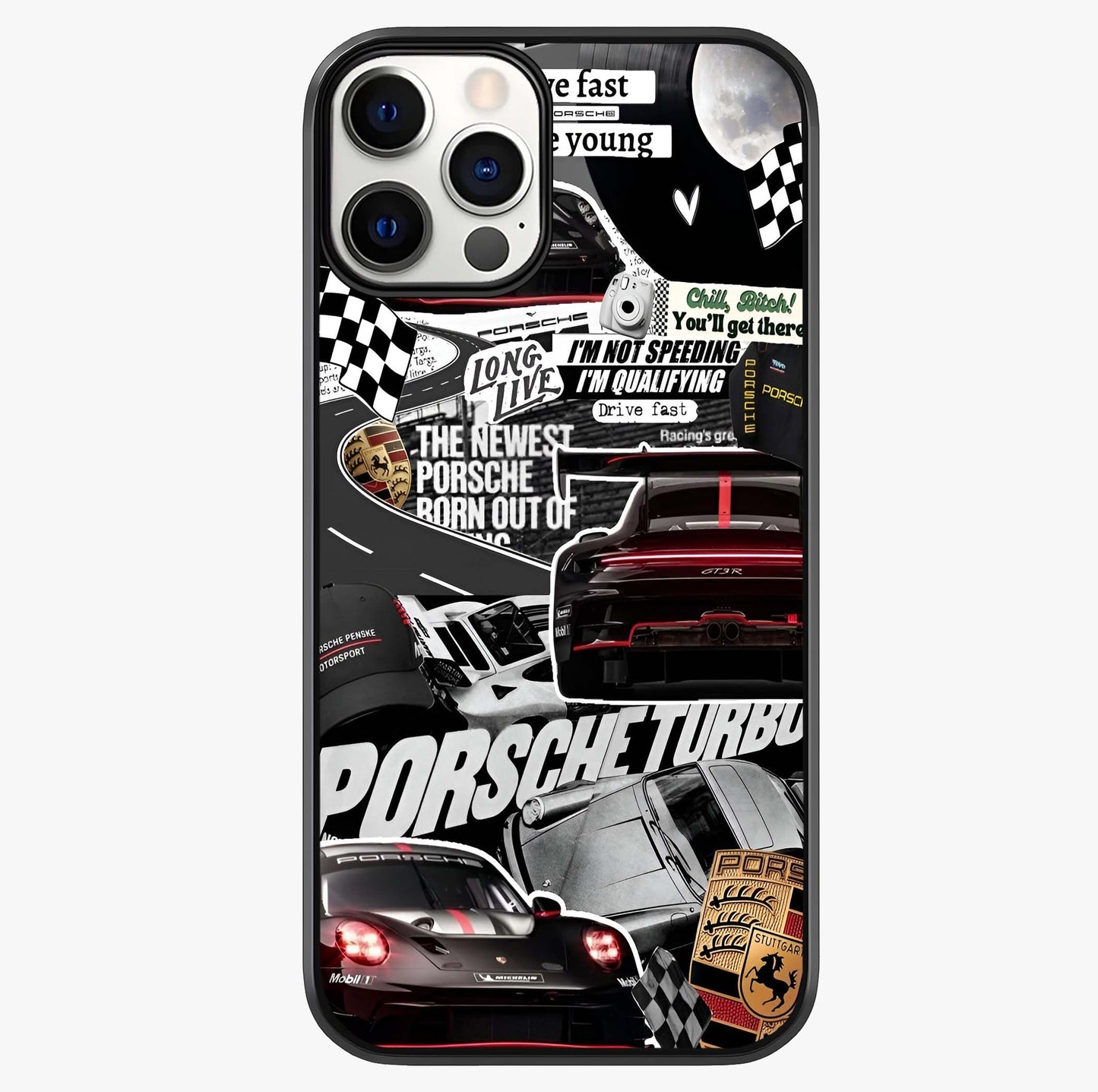 Porsche Racing Collage Glass Case showing full back design in clean flat view with glossy glass finish.