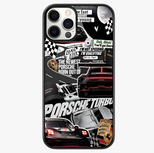 Porsche Racing Collage Glass Case showing full back design in clean flat view with glossy glass finish.