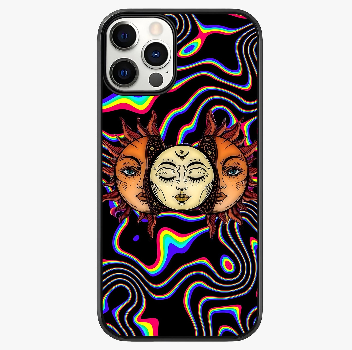 Psychedelic Sun Glass Case showing full back design in clean flat view with glossy glass finish.