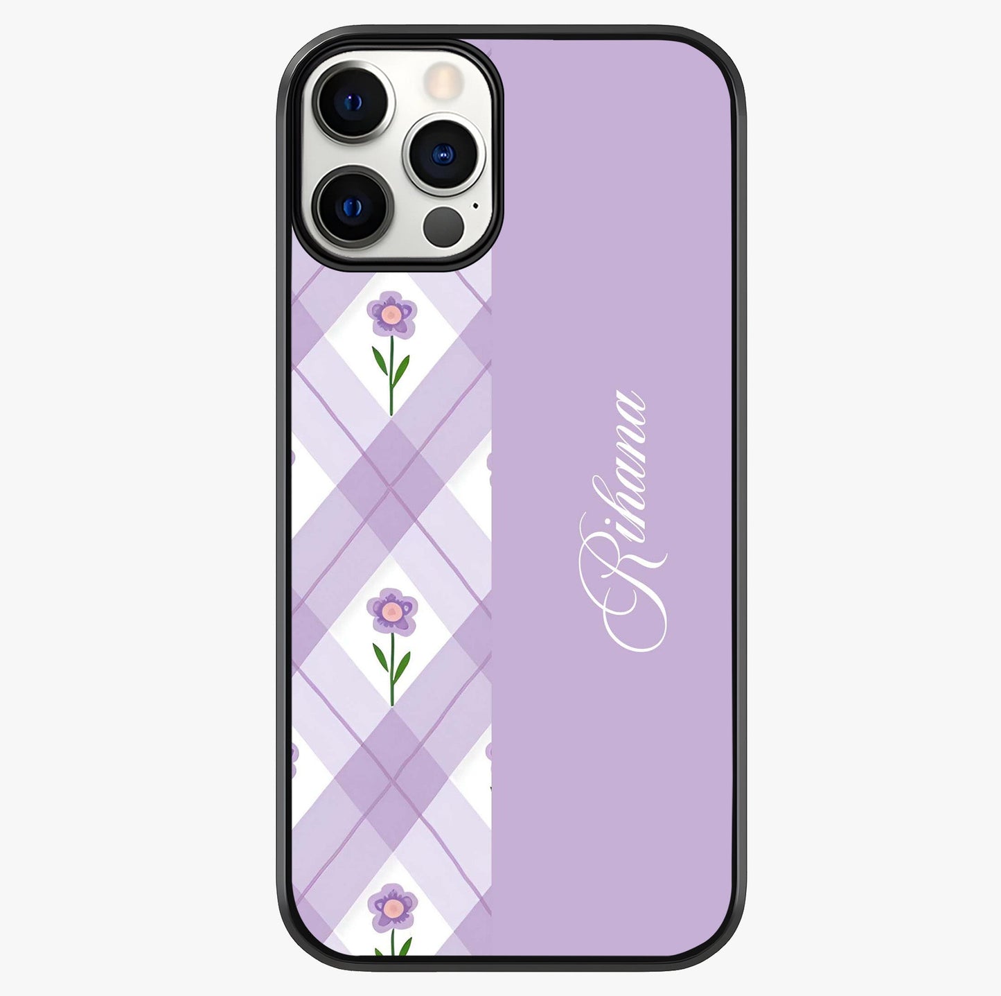 Purple Diamond Floral Glass Case showing full back design in clean flat view with glossy glass finish.