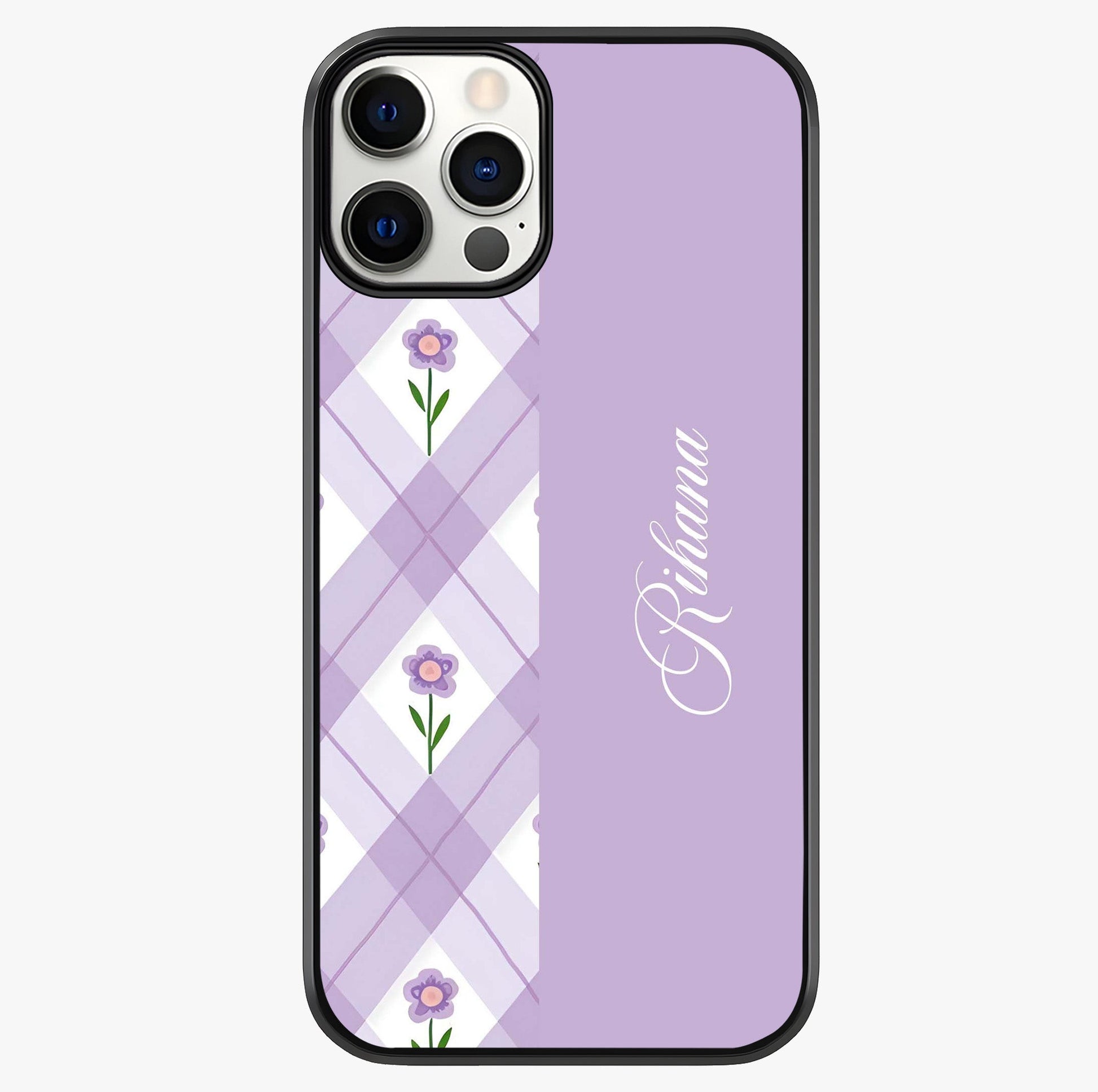 Purple Diamond Floral Glass Case showing full back design in clean flat view with glossy glass finish.