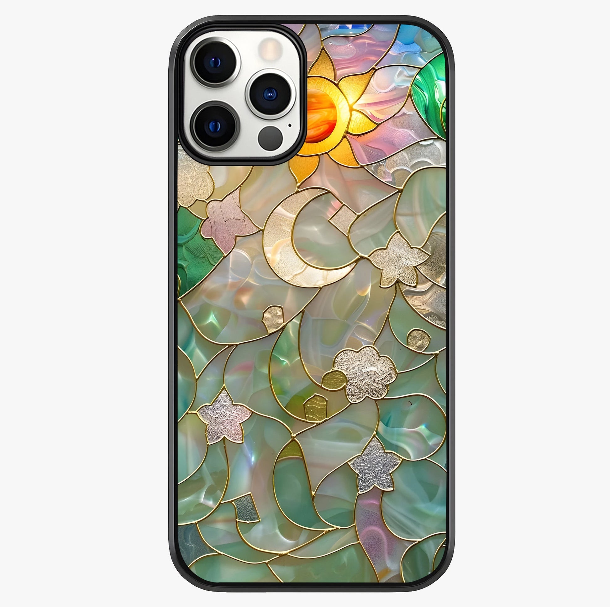 Stained Sunrise Glow Glass Case showing full back design in clean flat view with glossy glass finish.