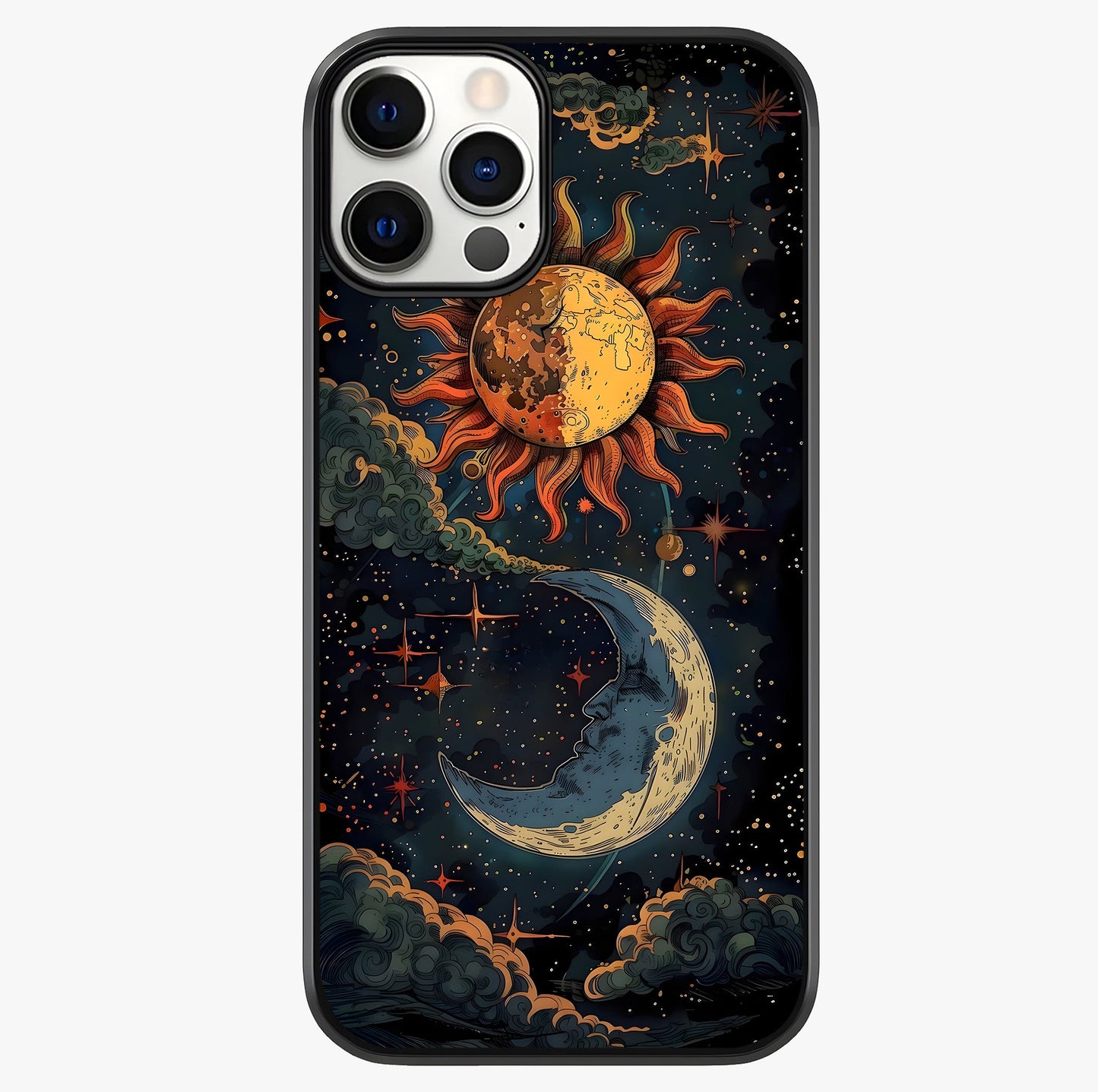 Sun And Moon Magic Design Glass Case showing full back design in clean flat view with glossy glass finish.
