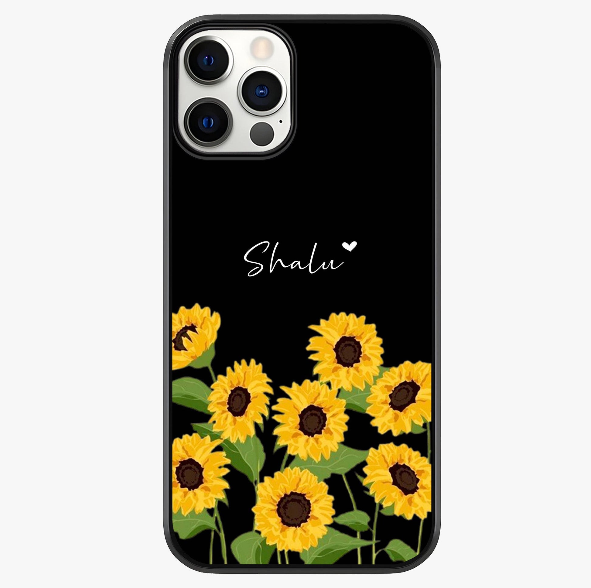 Sunflower Chic Mood Custom Name Glass Case showing full back design in clean flat view with glossy glass finish.