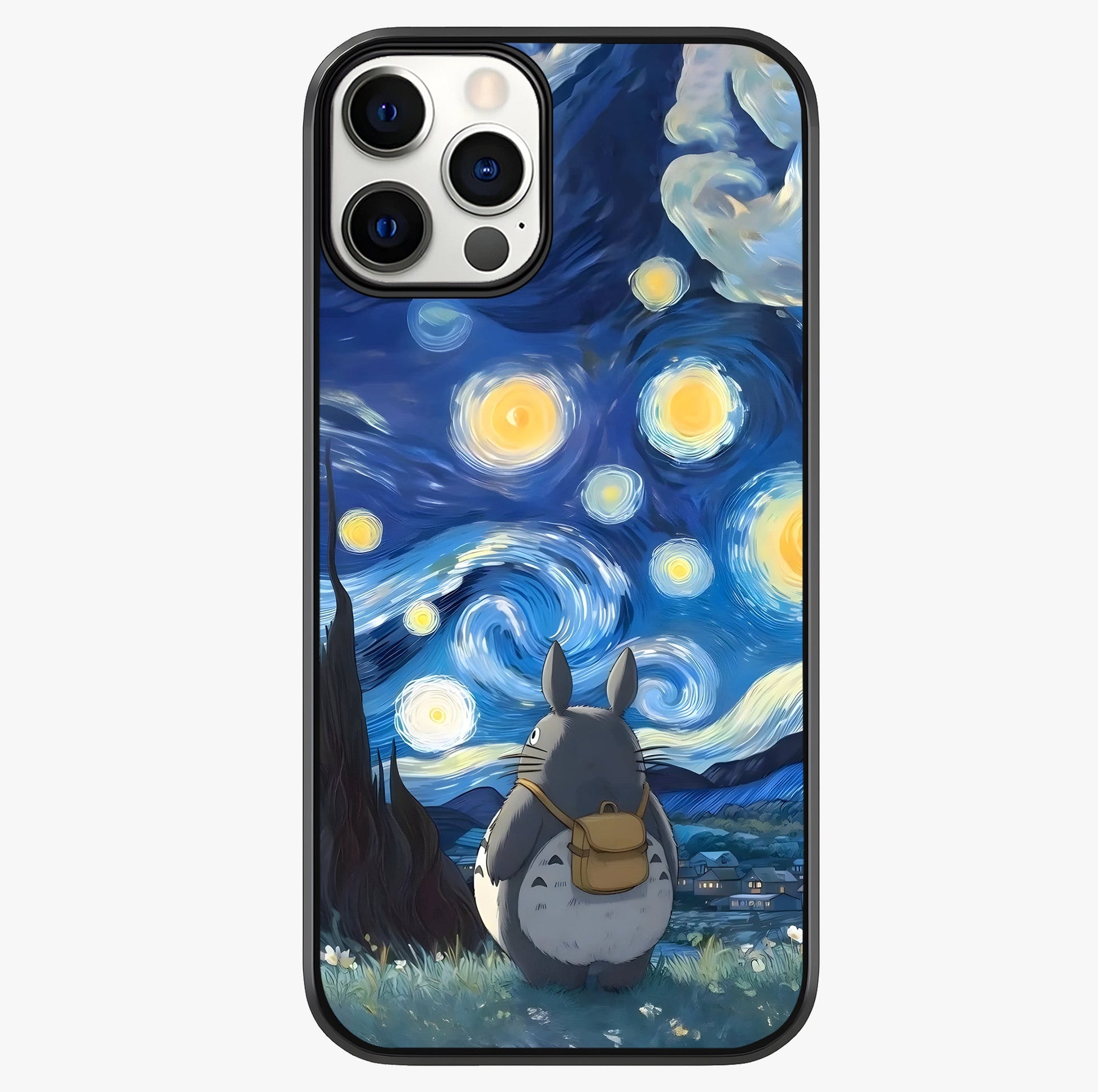 Totoro In Van Gogh Art Glass Case showing full back design in clean flat view with glossy glass finish.