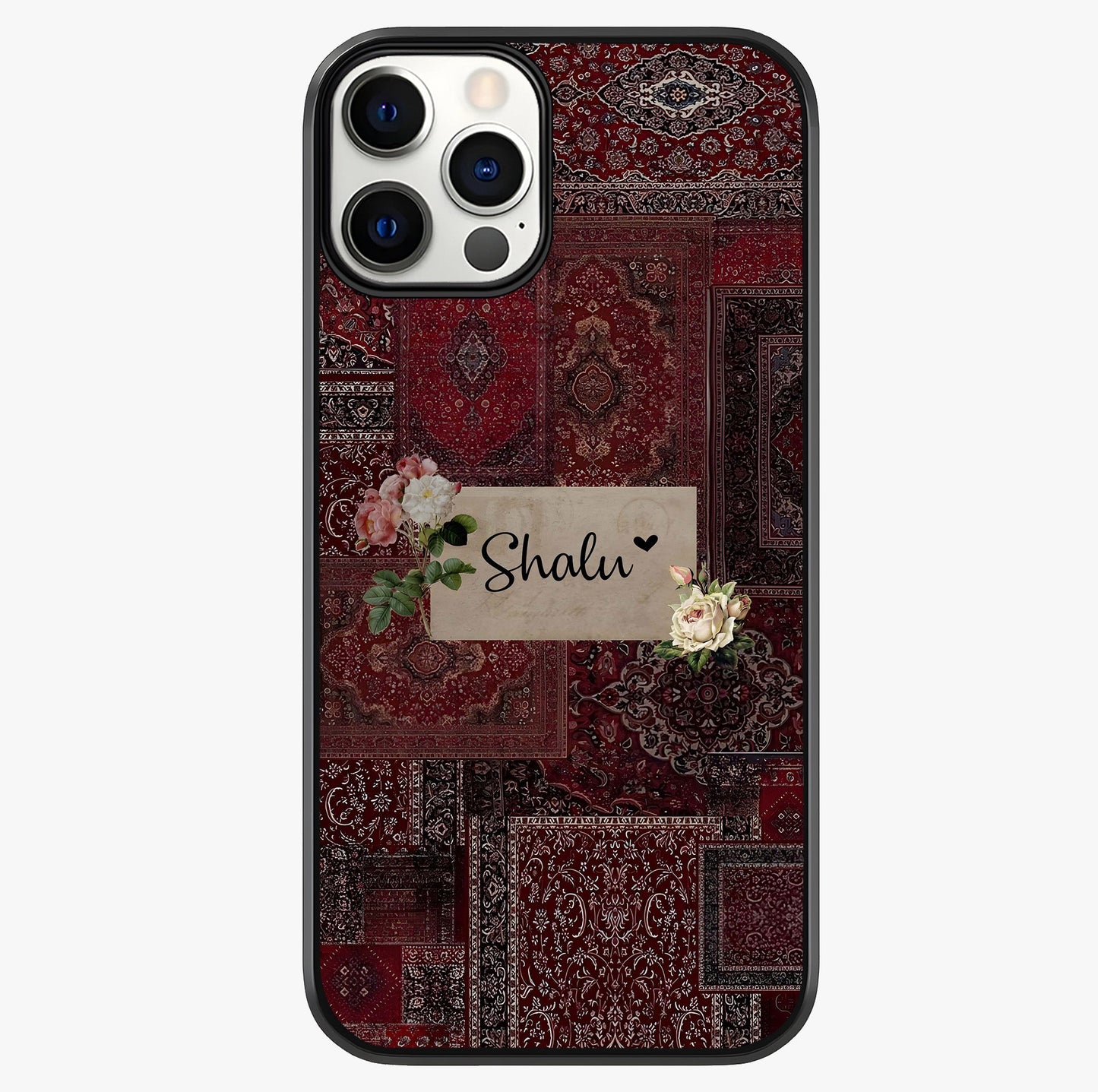 Velvet Wine Pattern Custom Name Glass Case showing full back design in clean flat view with glossy glass finish.