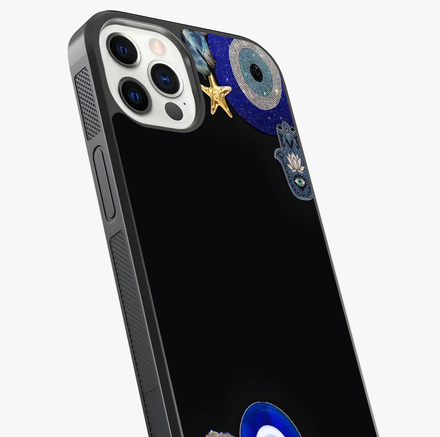 Aesthetic Blue Evil Eye Glass Case captured at a warm angle highlighting gloss, texture and premium glass finish.