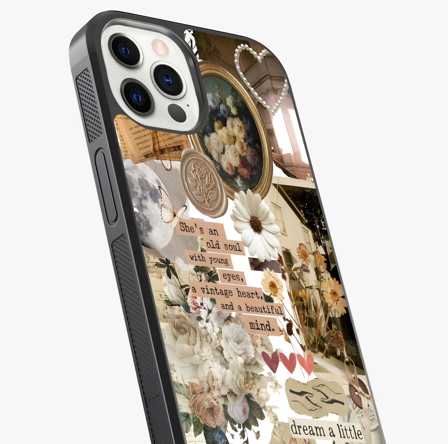 Aesthetic Brown Vintage Collage Glass Case captured at a warm angle highlighting gloss, texture and premium glass finish.