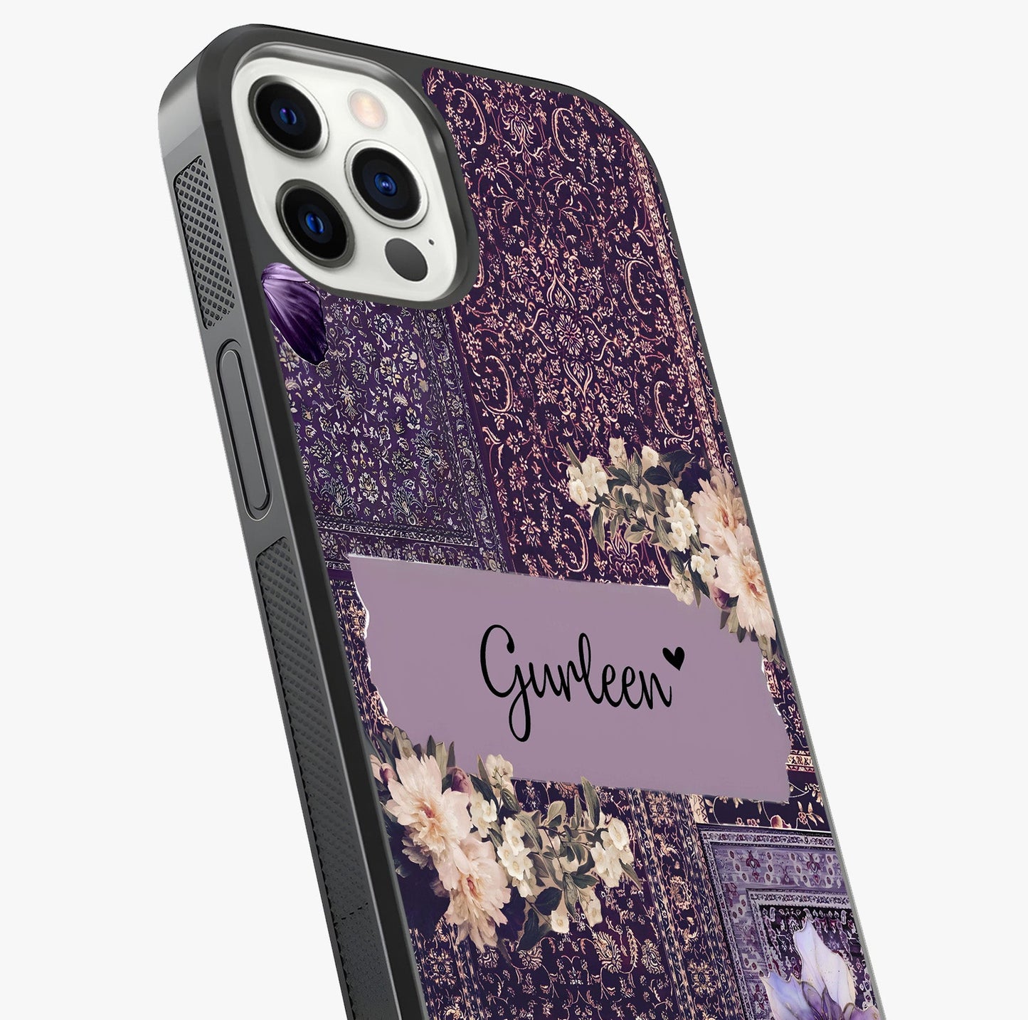 Antique Floral Whisper Custom Name Glass Case captured at a warm angle highlighting gloss, texture and premium glass finish.