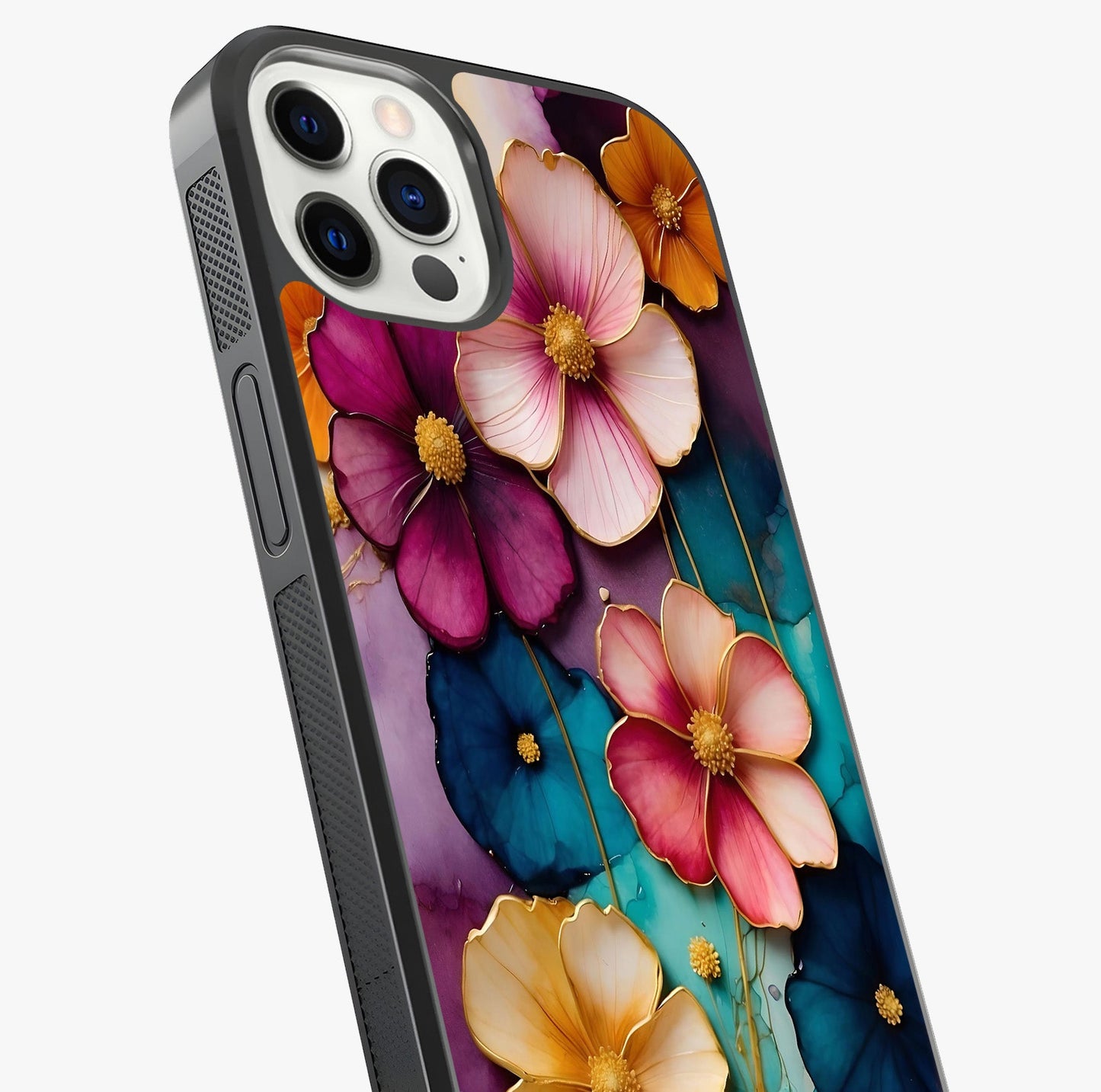 Artlyn Grace Flower Pattern Glass Case captured at a warm angle highlighting gloss, texture and premium glass finish.