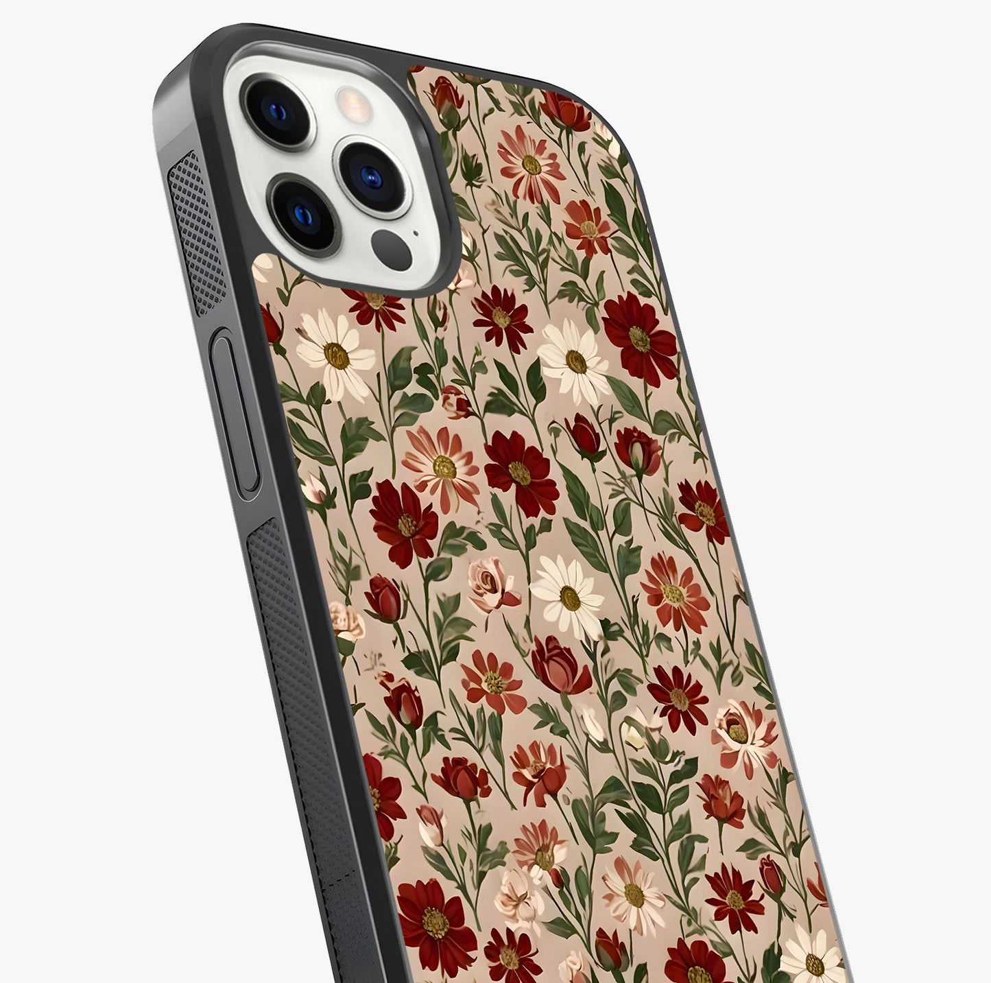 Biege Flower With Leaf Glass Case captured at a warm angle highlighting gloss, texture and premium glass finish.