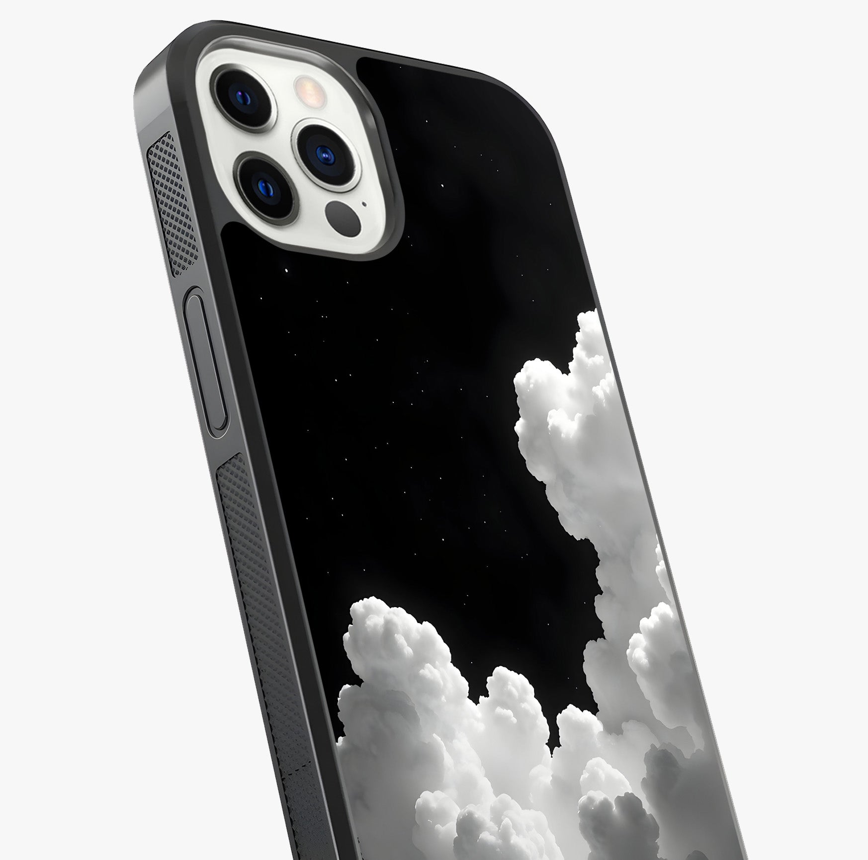 Black Background With White Cloud Glass Case captured at a warm angle highlighting gloss, texture and premium glass finish.