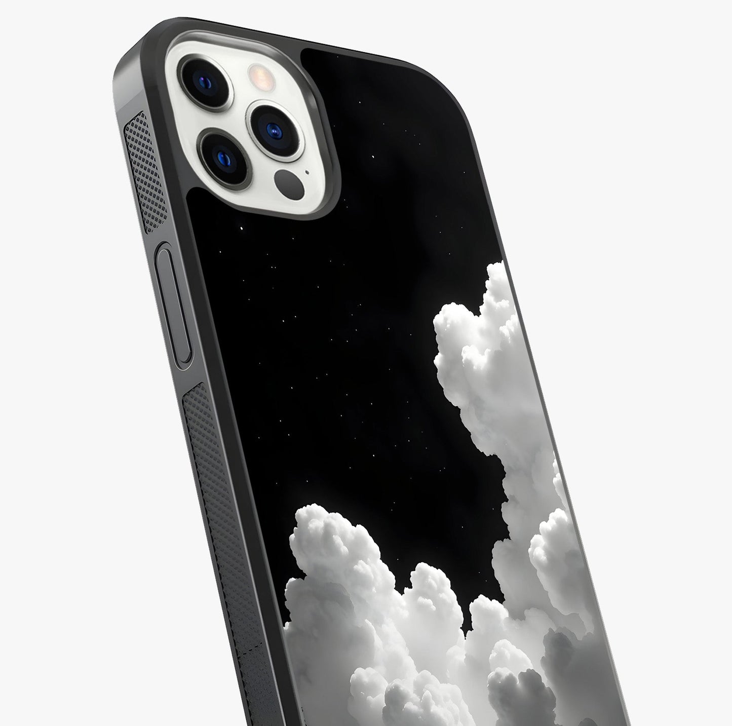 Black Background With White Cloud Glass Case captured at a warm angle highlighting gloss, texture and premium glass finish.