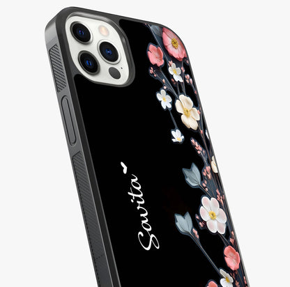 Black Elegance Floral Custom Name Glass Case captured at a warm angle highlighting gloss, texture and premium glass finish.
