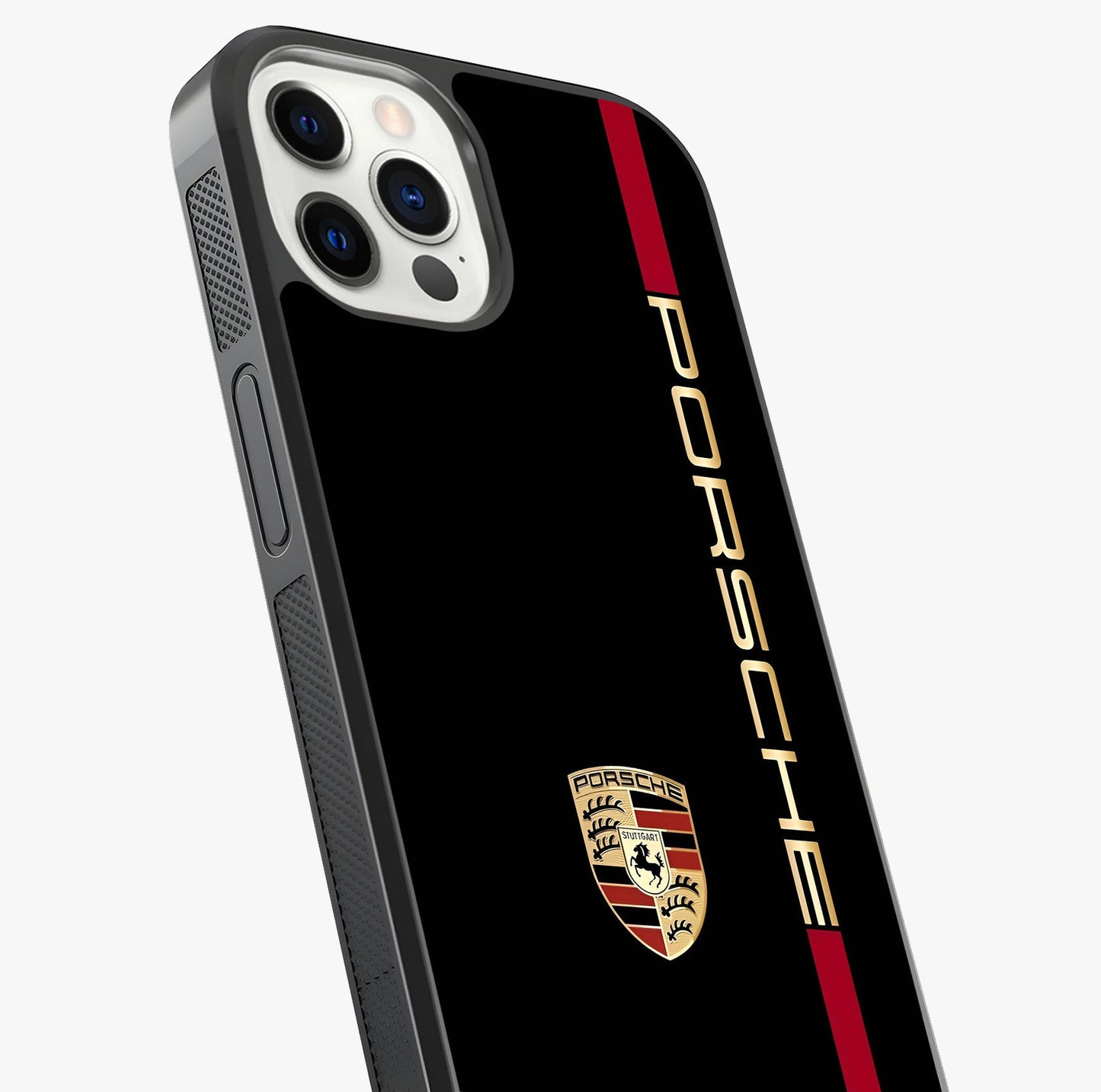 Black Minimal Porsche Glass Case captured at a warm angle highlighting gloss, texture and premium glass finish.