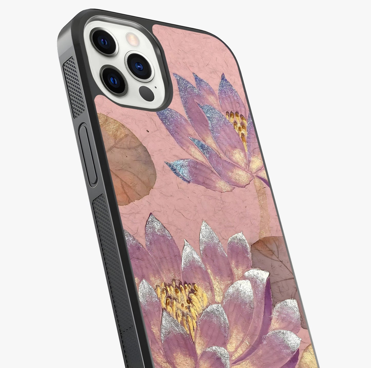 Blossom Mist Lotus Glass Case captured at a warm angle highlighting gloss, texture and premium glass finish.
