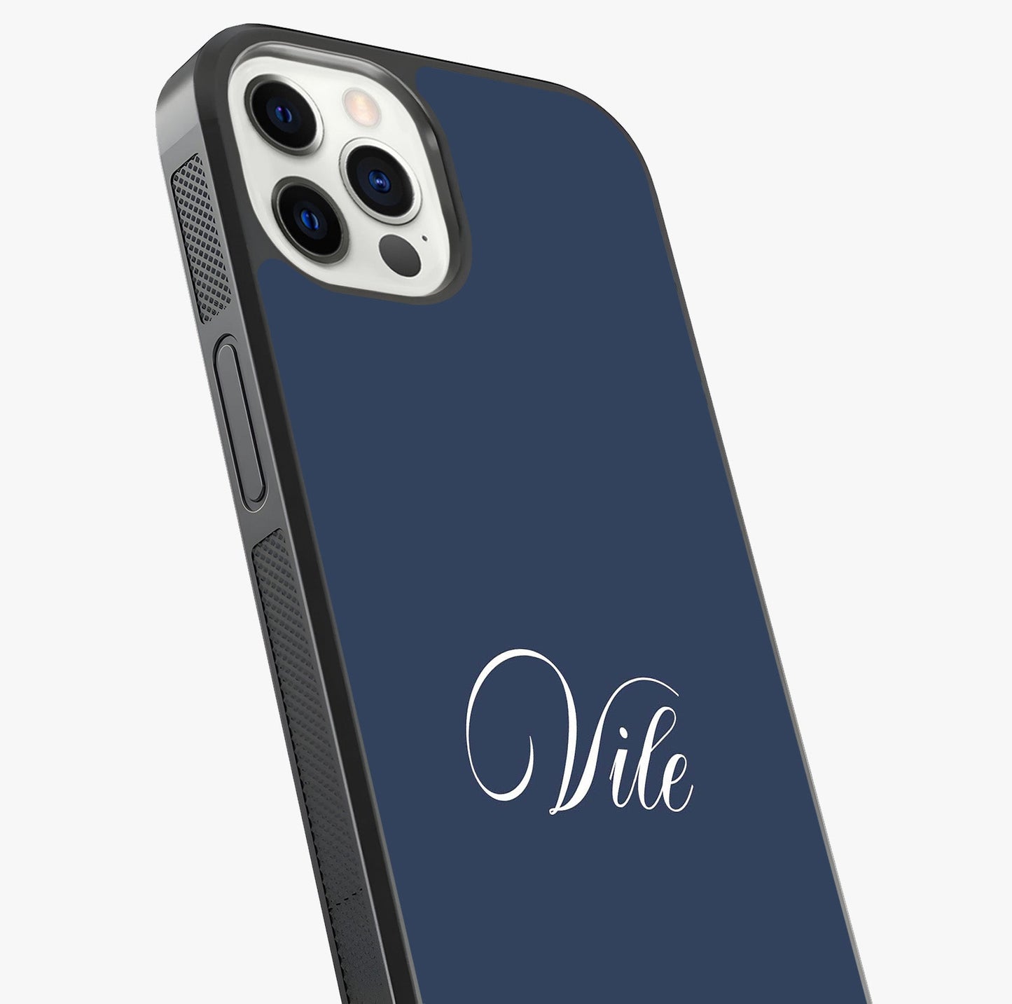 Blue Background Personalized Custom Name Glass Case captured at a warm angle highlighting gloss, texture and premium glass finish.