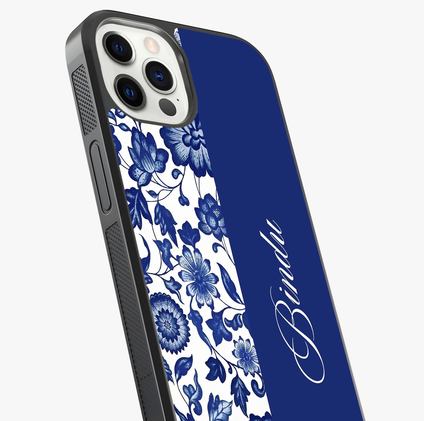 Blue Vintage Floral Pattern Glass Case captured at a warm angle highlighting gloss, texture and premium glass finish.