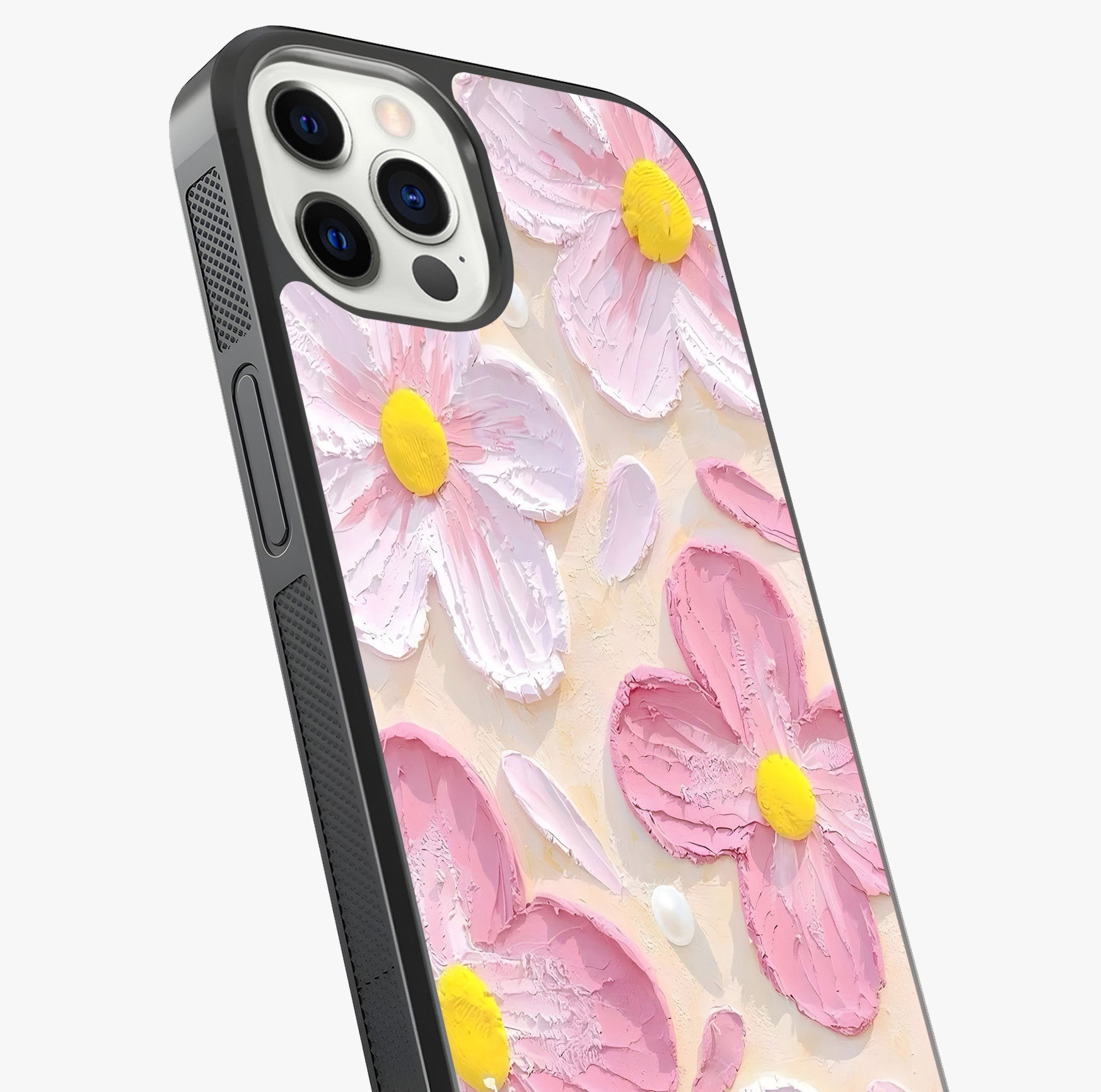 Blush Bloom Texture Glass Case captured at a warm angle highlighting gloss, texture and premium glass finish.