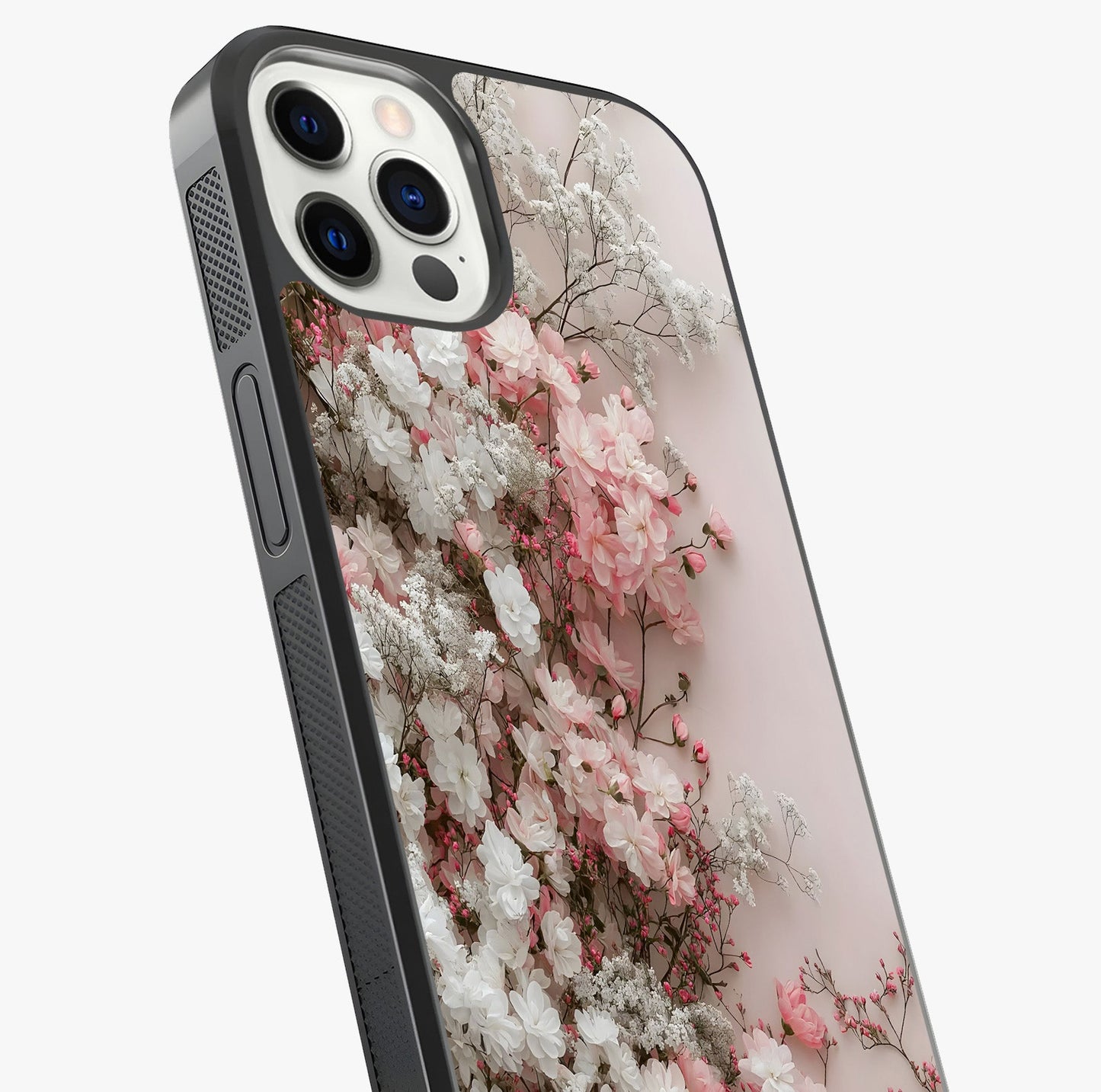 Blush Blossom Cloud Glass Case captured at a warm angle highlighting gloss, texture and premium glass finish.