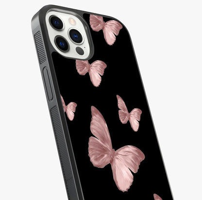 Butterfly Pattern Glass Case captured at a warm angle highlighting gloss, texture and premium glass finish.