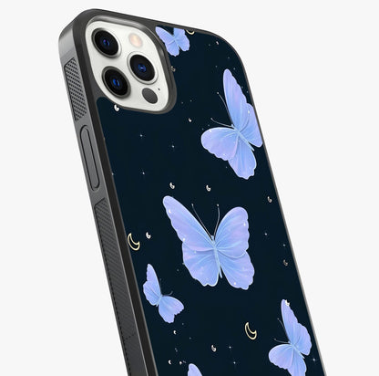 Butterfly With Stars Pattern Glass Case captured at a warm angle highlighting gloss, texture and premium glass finish.