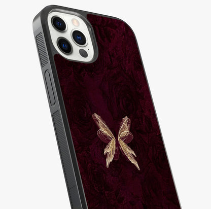 Crimson Fade Butterfly Glass Case captured at a warm angle highlighting gloss, texture and premium glass finish.