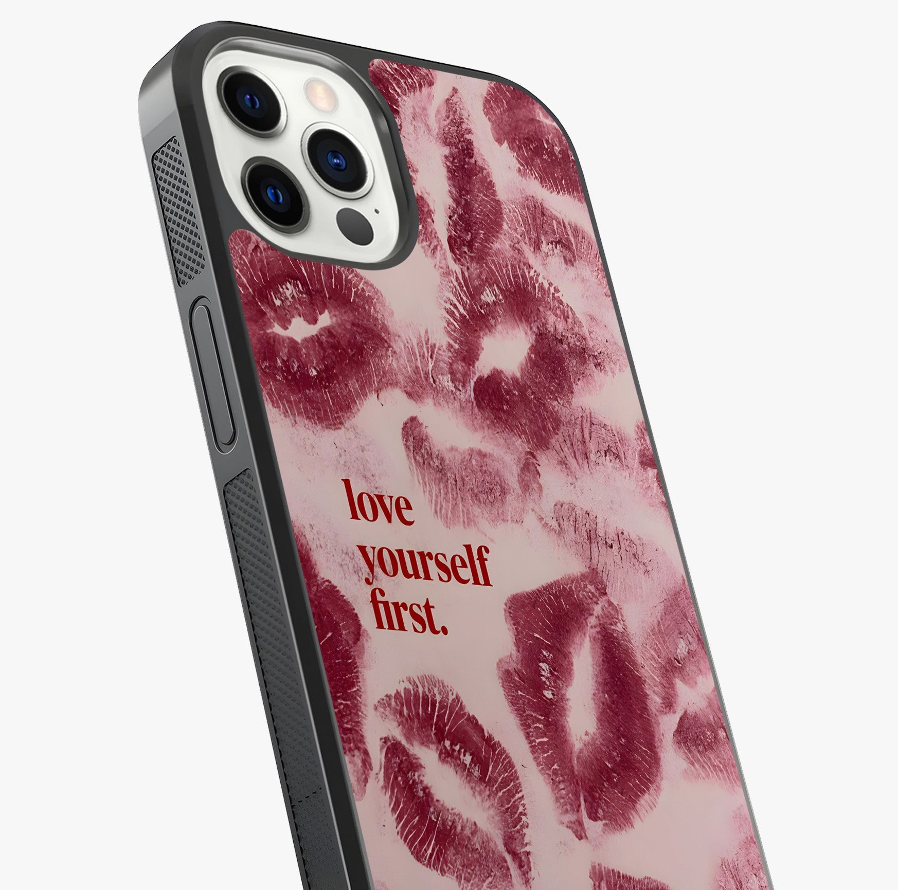 Crimson Kiss Love Glass Case captured at a warm angle highlighting gloss, texture and premium glass finish.