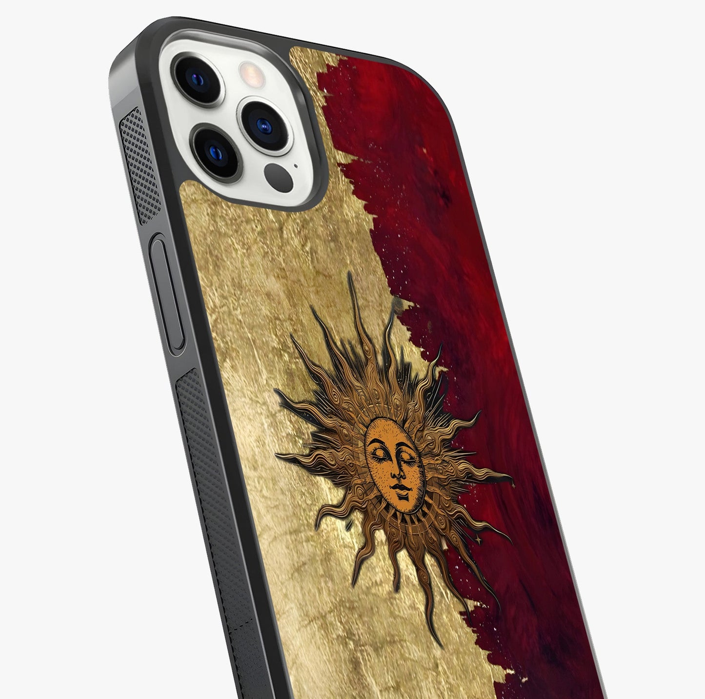 Crimson Sun Majesty Glass Case captured at a warm angle highlighting gloss, texture and premium glass finish.