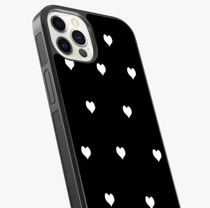 Cute And Simple White Hearts Glass Case captured at a warm angle highlighting gloss, texture and premium glass finish.
