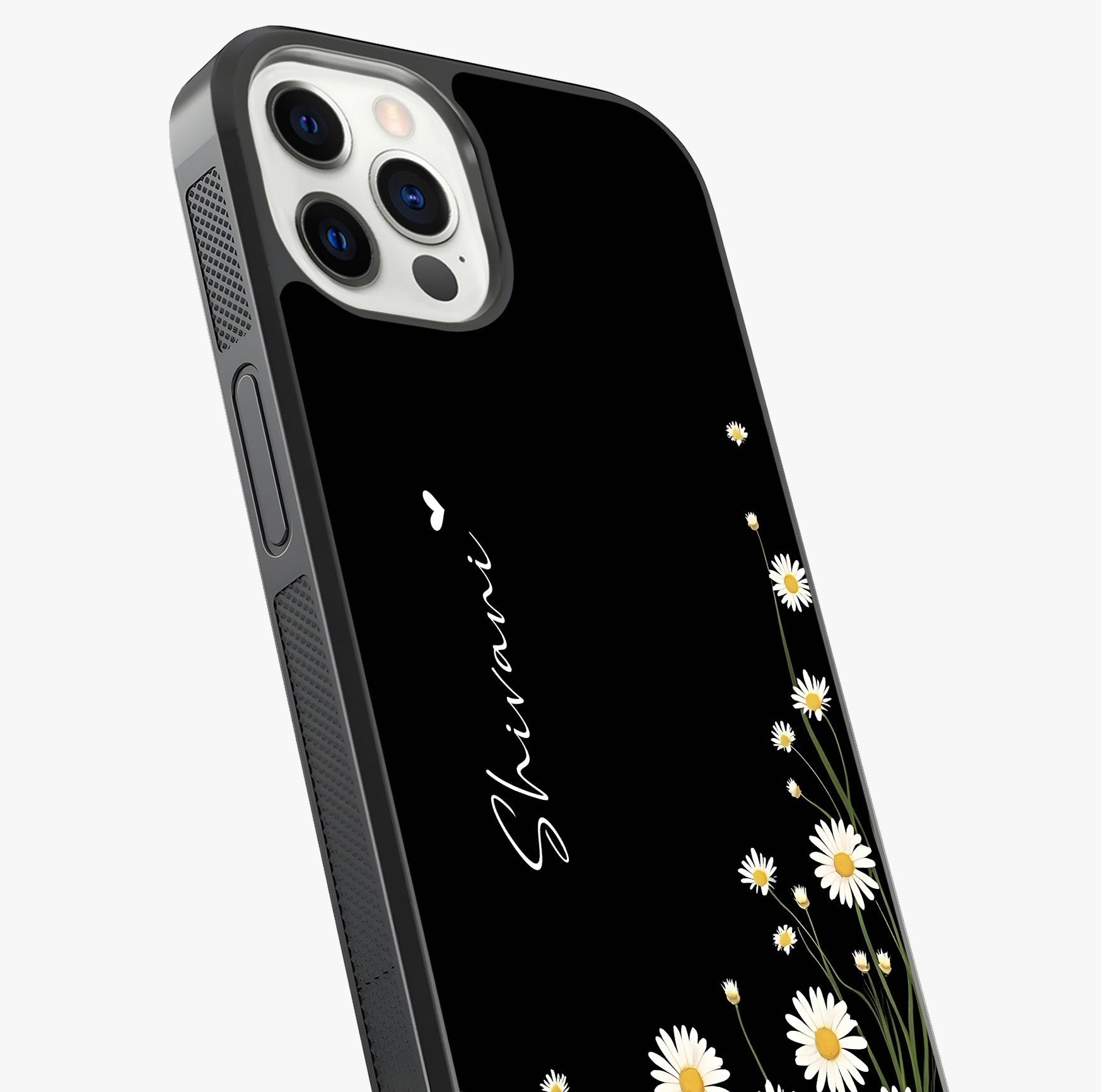 Daisy Cascade Custom Name Glass Case captured at a warm angle highlighting gloss, texture and premium glass finish.