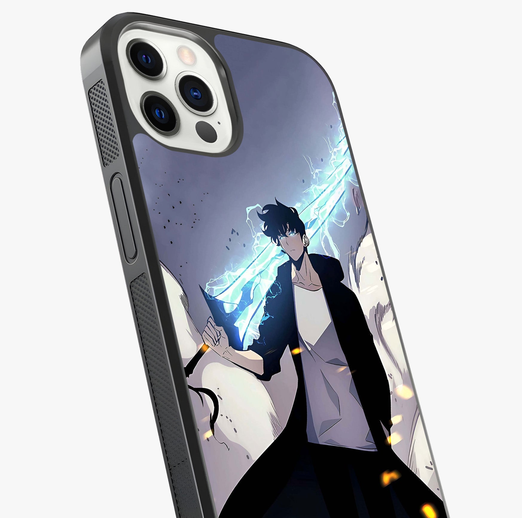 Dark Lightning Anime Warrior Glass Case captured at a warm angle highlighting gloss, texture and premium glass finish.
