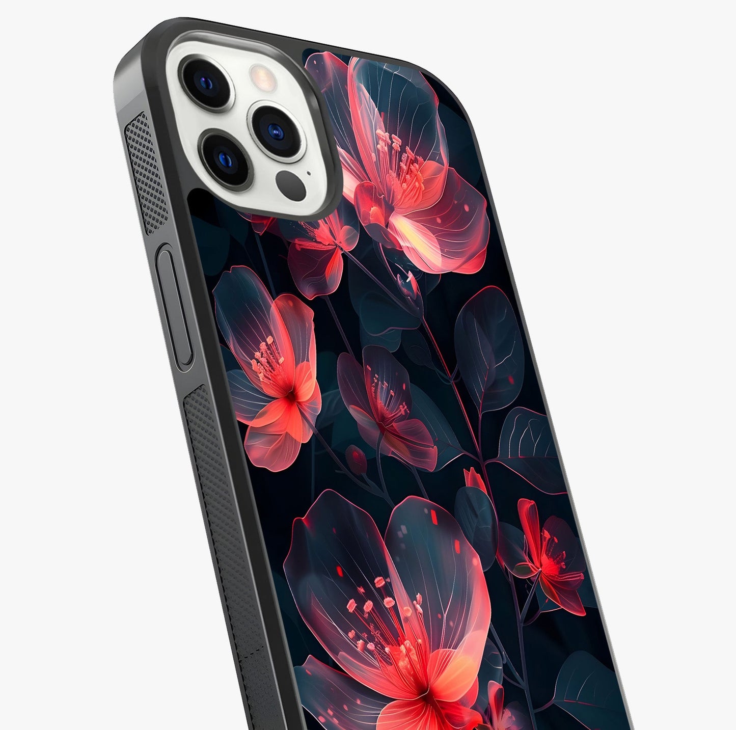 Dark Shade Of Flower Glass Case captured at a warm angle highlighting gloss, texture and premium glass finish.