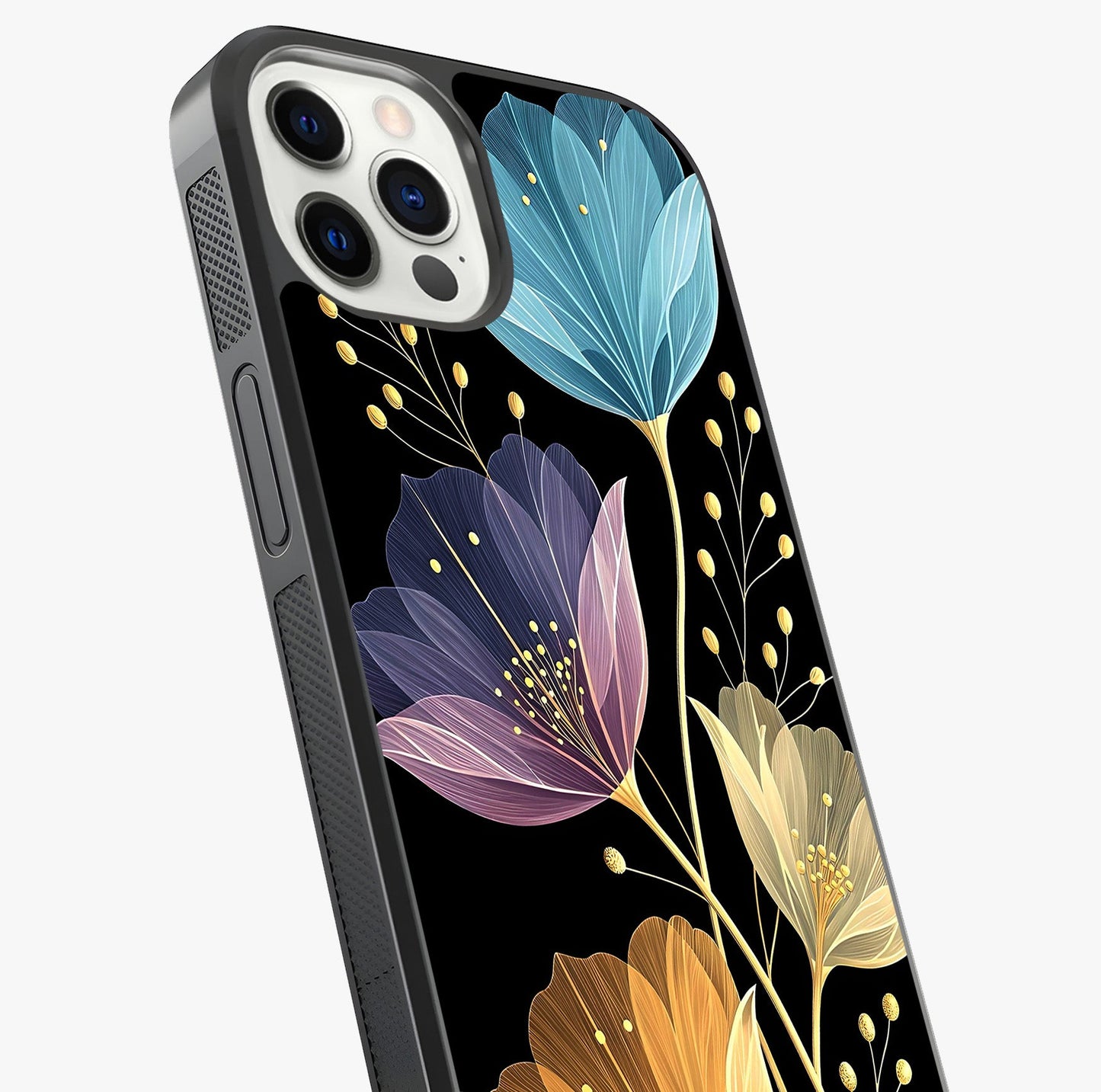 Delicate Multicolor Flowers Glass Case captured at a warm angle highlighting gloss, texture and premium glass finish.