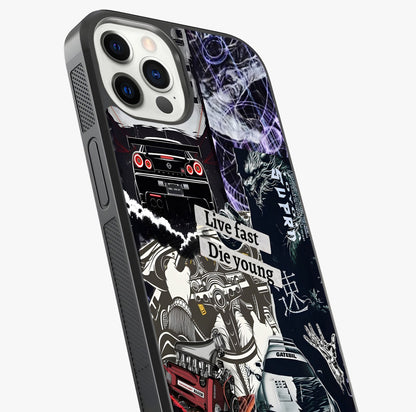 Die Young Glass Case captured at a warm angle highlighting gloss, texture and premium glass finish.