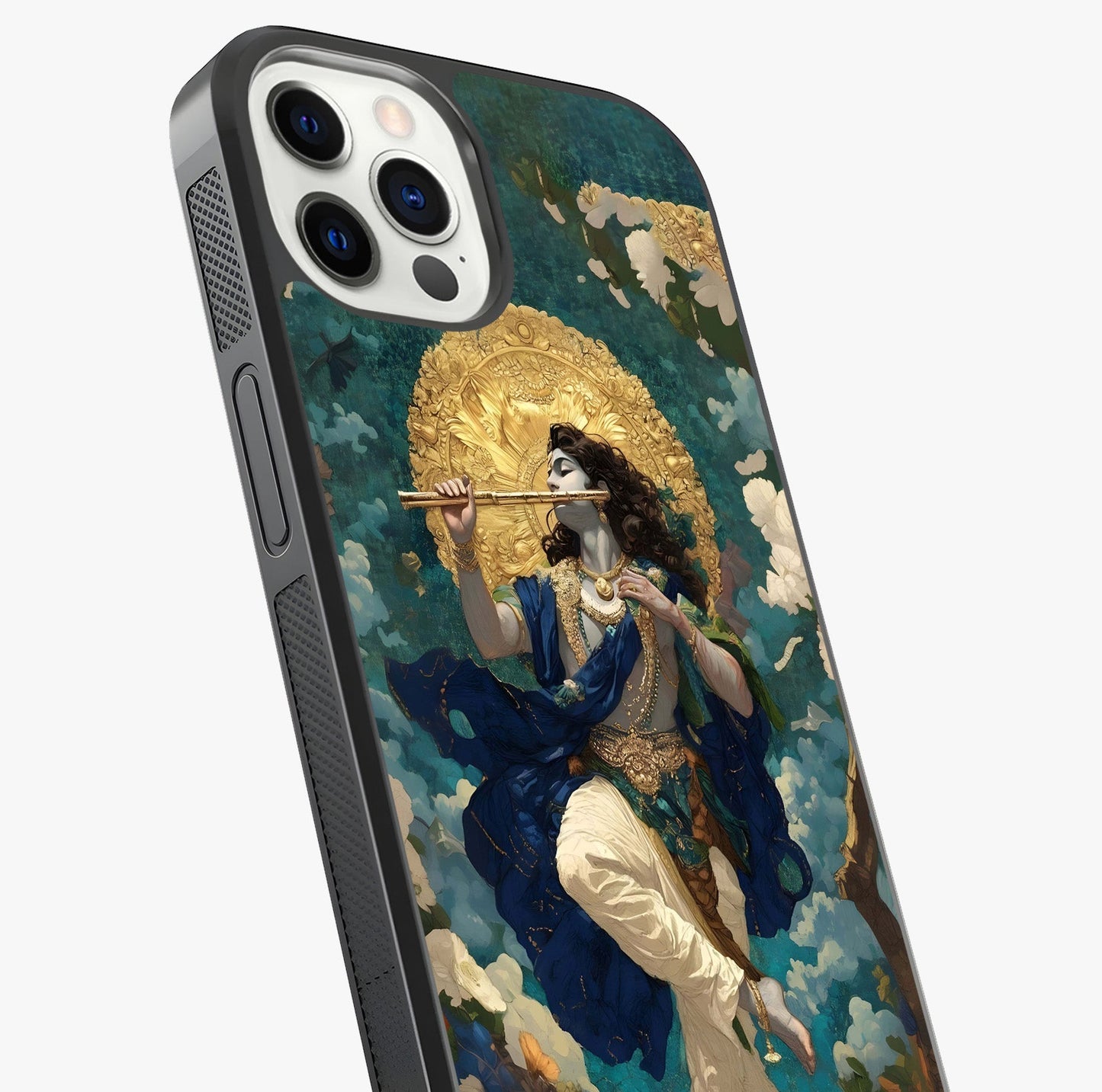 Divine Krishna Art Glass Case captured at a warm angle highlighting gloss, texture and premium glass finish.