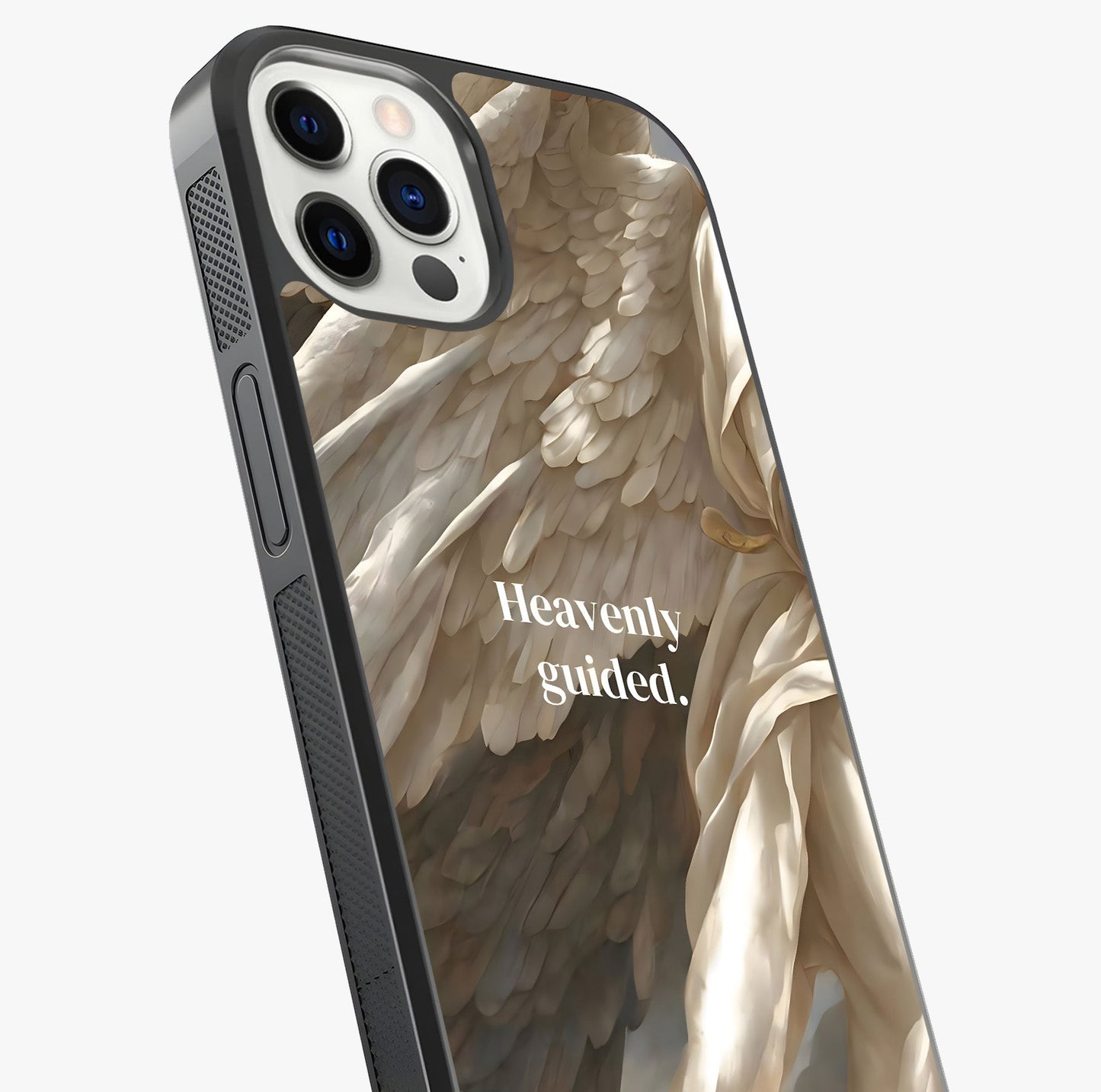 Divine Winged Grace Glass Case captured at a warm angle highlighting gloss, texture and premium glass finish.