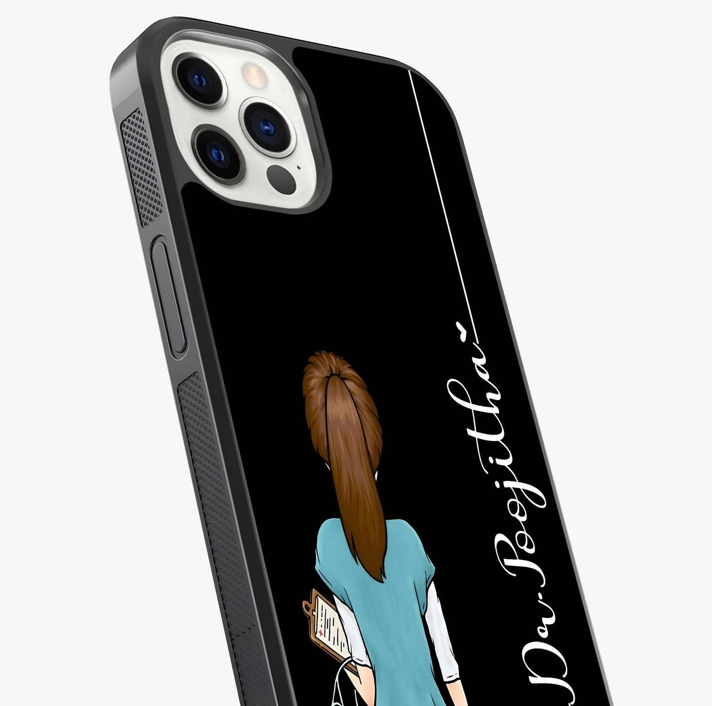 Doctor Pattern Custom Name Glass Case captured at a warm angle highlighting gloss, texture and premium glass finish.