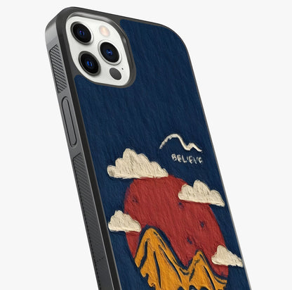 Dream Beyond Mountains Glass Case captured at a warm angle highlighting gloss, texture and premium glass finish.