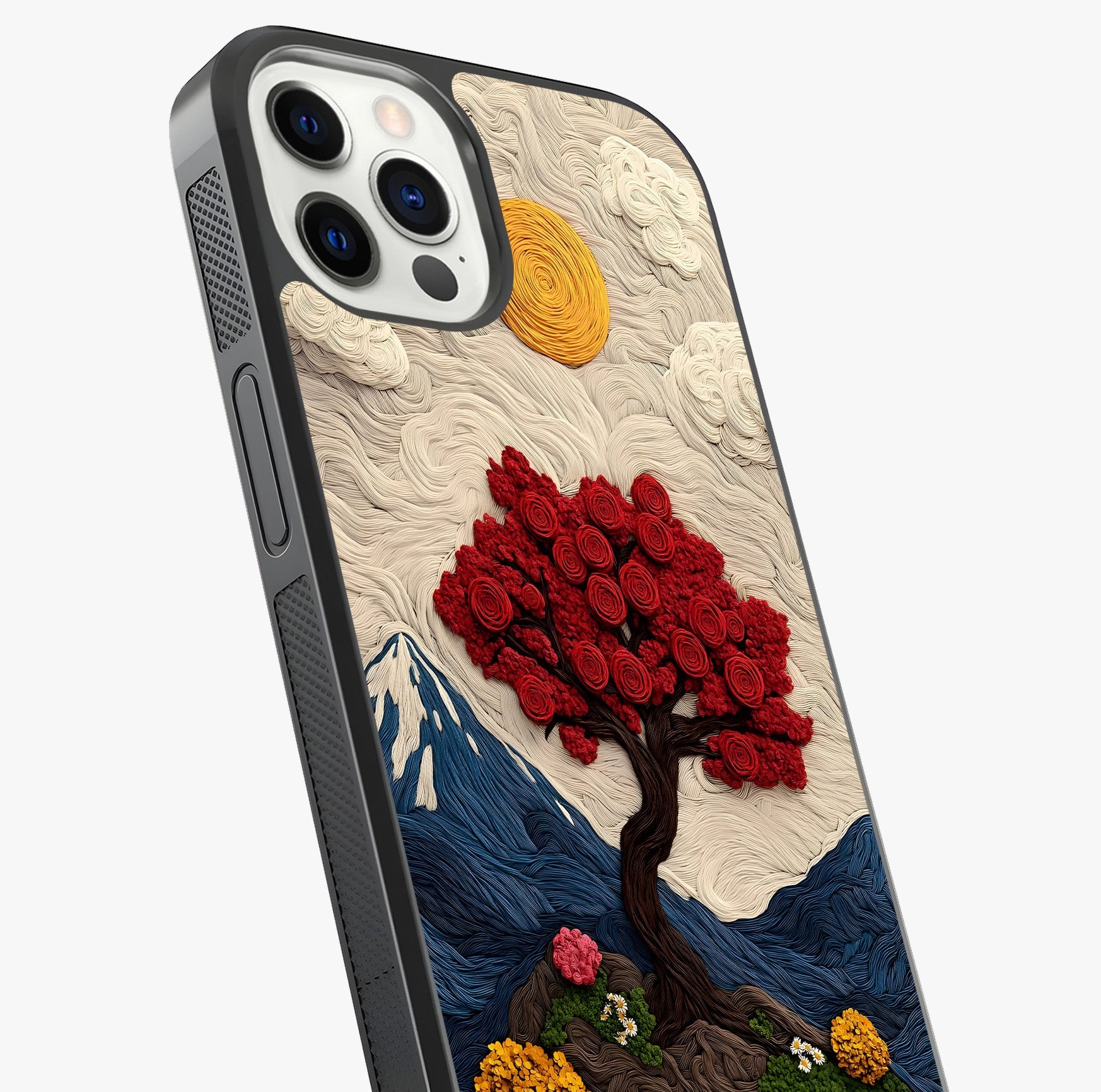 Eternal Nature Tapestry Glass Case captured at a warm angle highlighting gloss, texture and premium glass finish.