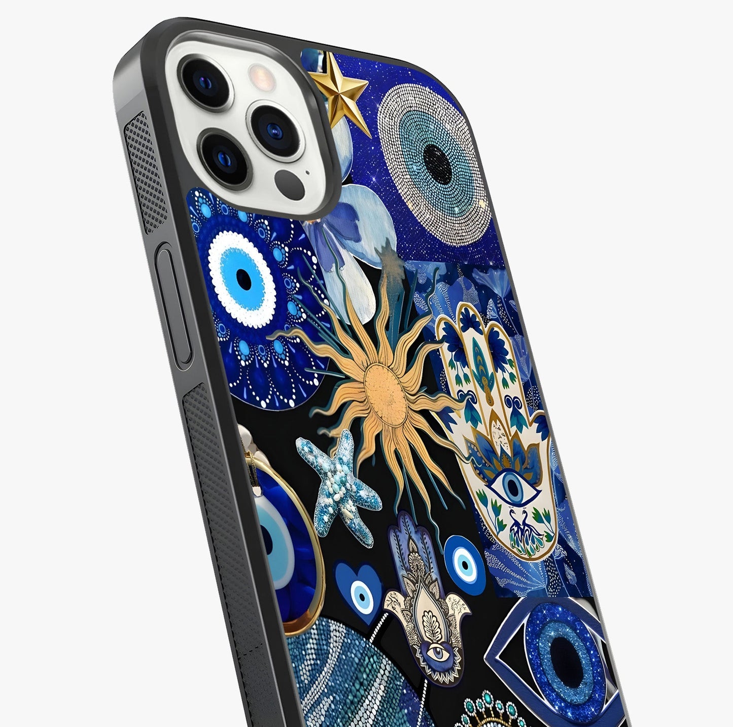 Evil Eye Charm Mix Glass Case captured at a warm angle highlighting gloss, texture and premium glass finish.