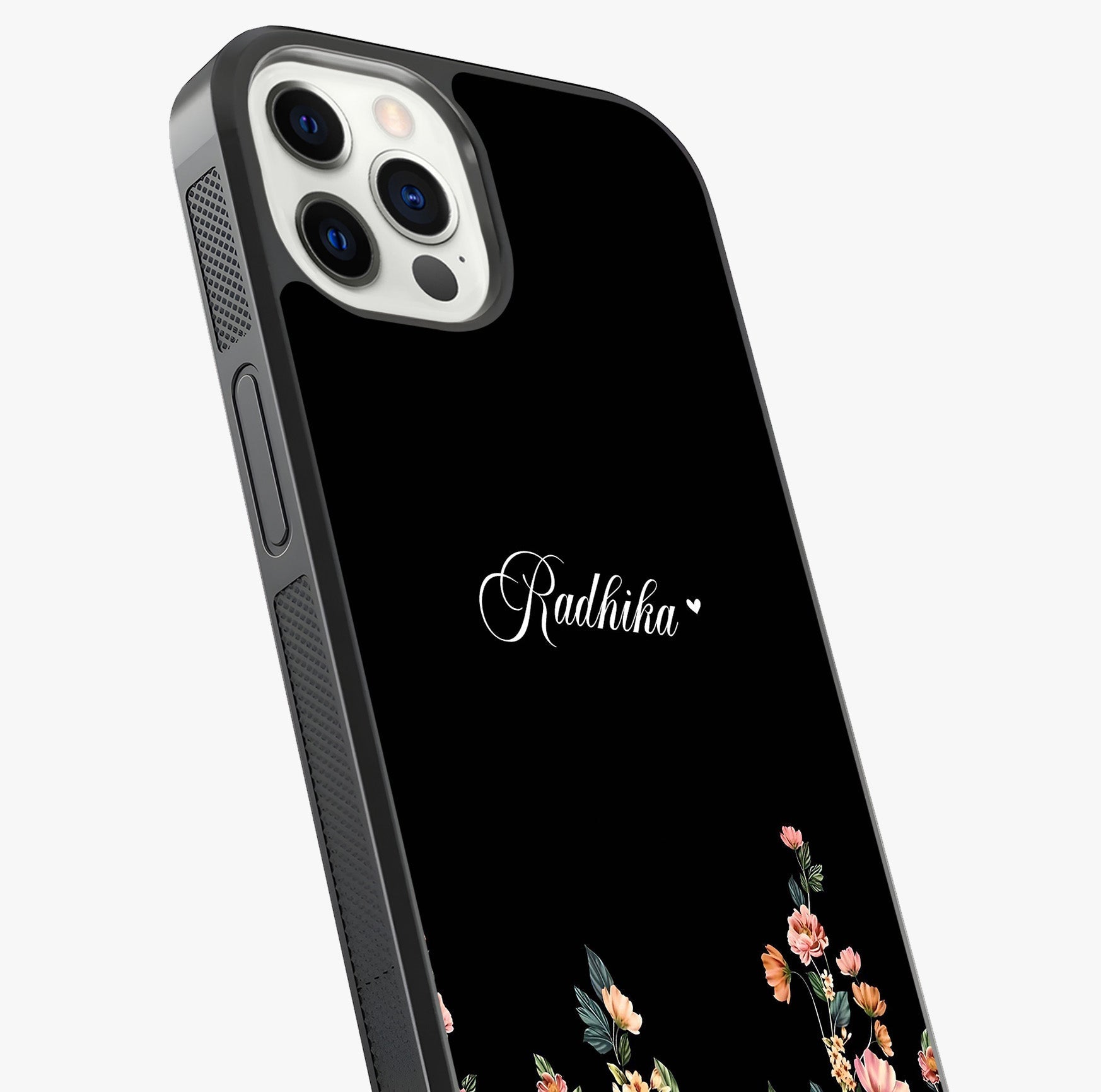 Floral Design With A Custom Personalized Name Glass Case captured at a warm angle highlighting gloss, texture and premium glass finish.