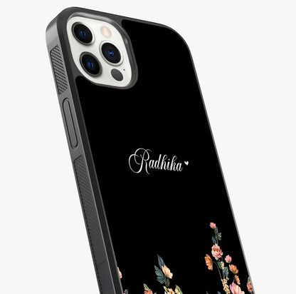 Floral Design With A Custom Personalized Name Glass Case captured at a warm angle highlighting gloss, texture and premium glass finish.