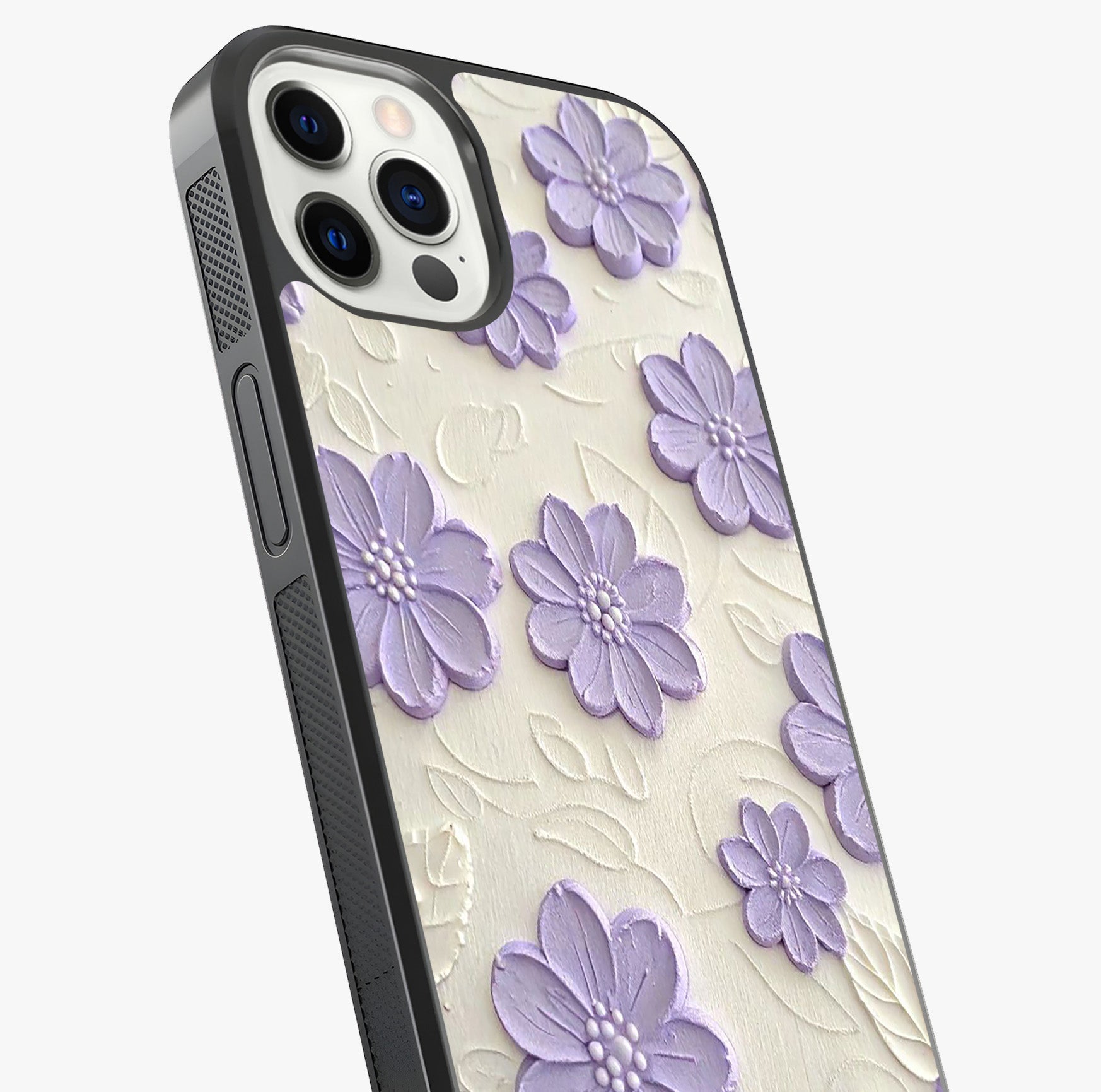 Floral Wall Art With Purple Flowers Glass Case captured at a warm angle highlighting gloss, texture and premium glass finish.